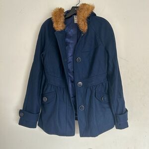 Tulle Anthropologie Wool Brown Faux Fur Trim Hood Long Blue Coat Size Medium